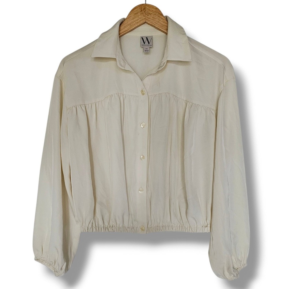 Worthington Top XS Womens Cream Button Down Semi Cropped Pleated Office Preppy